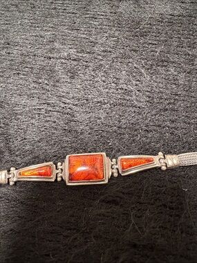 Vintage Sterling Silver Baltic Orange Amber Inlay Bracelet